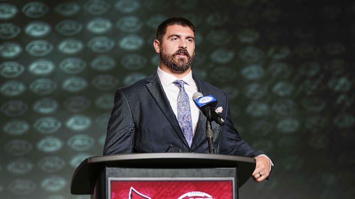 Jul 25, 2023; Charlotte, NC, USA;  Louisville offensive lineman Bryan Hudson answers questions during ACC Media Days at The Westin Charlotte. Mandatory Credit: Jim Dedmon-Imagn Images