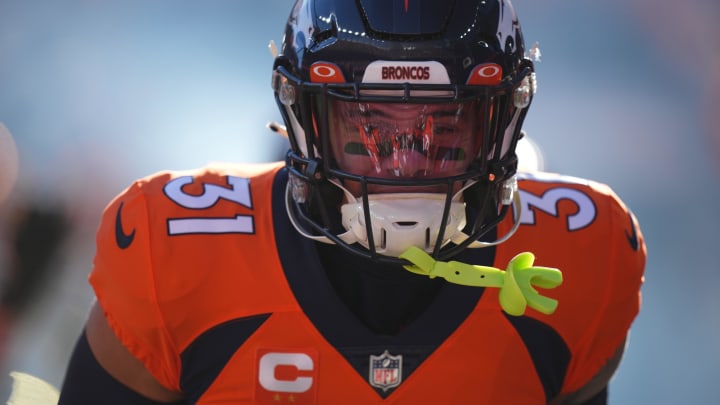 Jan 8, 2023; Denver, Colorado, USA; Denver Broncos safety Justin Simmons (31) prior to a game against the Los Angeles Chargers at Empower Field at Mile High. Mandatory Credit: Ron Chenoy-USA TODAY Sports