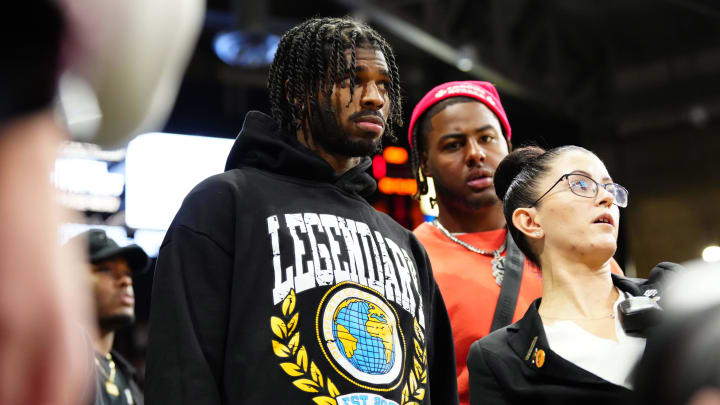 Jan 19, 2024; Boulder, Colorado, USA; Colorado Buffaloes quarterback Shedeur Sanders enters the arena during the second half against the UCLA Bruins at the CU Events Center. 