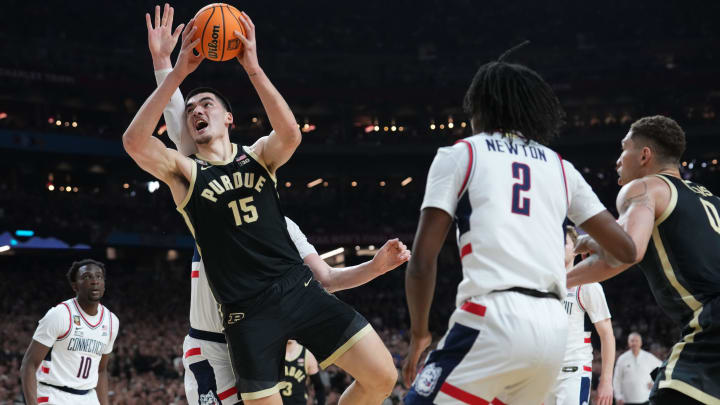 Purdue Boilermakers center Zach Edey (15) attempts a shot during the Men's NCAA national championship game against the Connecticut Huskies at State Farm Stadium in Glendale on April 8, 2024.