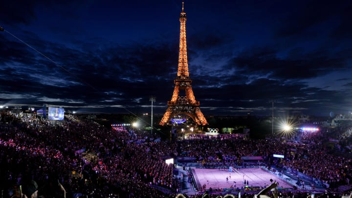 Aug 8, 2024; Paris, France; Fans gather to watch Brazil and Australia compete during the Paris 2024 Olympic Summer Games at Eiffel Tower Stadium.