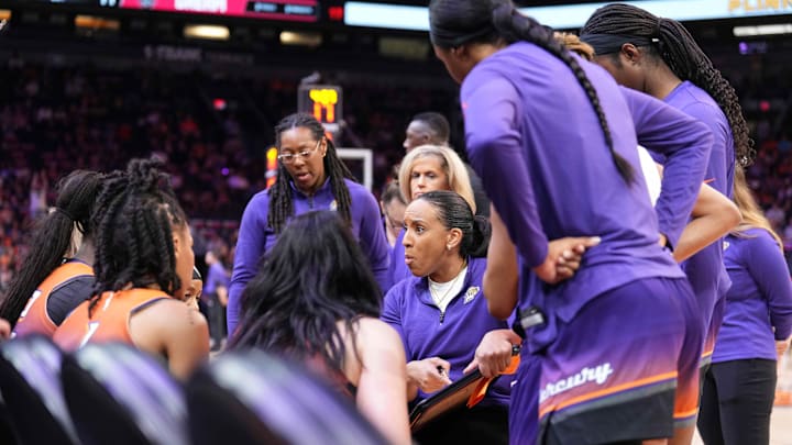 Aug 3, 2023; Phoenix, Arizona, USA; Phoenix Mercury head coach Nikki Blue talks to players during the first half of the game against the Atlanta Dream at Footprint Center. Mandatory Credit: Joe Camporeale-Imagn Images