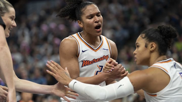 Sep 23, 2025; Minneapolis, Minnesota, USA; Phoenix Mercury forward Alyssa Thomas (25) celebrates with forward Satou Sabally (0) against the Minnesota Lynx in the second half during game two of the second round for the 2025 WNBA Playoffs at Target Center. Mandatory Credit: Jesse Johnson-Imagn Images Sep 23, 2025; Minneapolis, Minnesota, USA; Phoenix Mercury forward Alyssa Thomas (25) celebrates with forward Satou Sabally (0) against the Minnesota Lynx in the second half during game two of the second round for the 2025 WNBA Playoffs at Target Center. Mandatory Credit: Jesse Johnson-Imagn Images