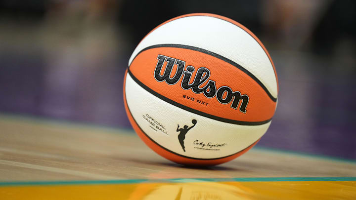 Sep 10, 2024; Los Angeles, California, USA; A Wilson Evo NXT official WNBA basketball on the court at Crypto.com Arena. Mandatory Credit: Kirby Lee-Imagn Images