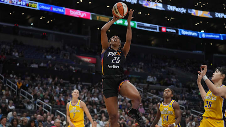 Sep 17, 2024; Los Angeles, California, USA; Phoenix Mercury guard Charisma Osborne (24) shoots the ball against the LA Sparks in the first half at Crypto.com Arena. Mandatory Credit: Kirby Lee-Imagn Images