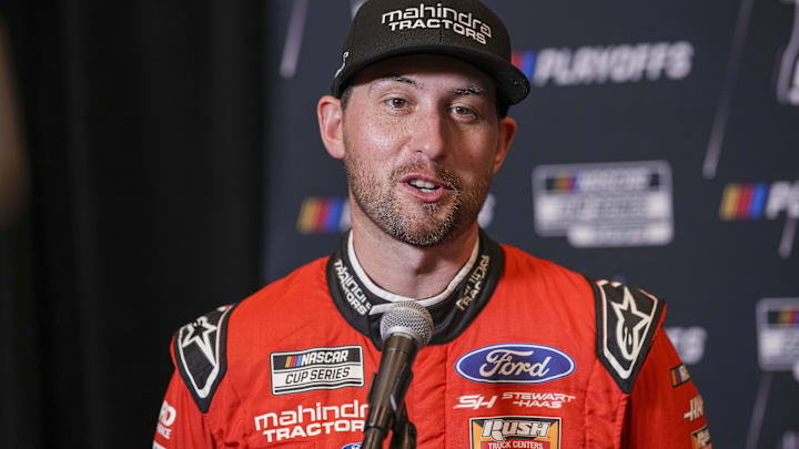 Sep 4, 2024; Charlotte, North Carolina, USA;  Chase Briscoe speaks to media members during the NASCAR Playoffs Media Day at the Charlotte Convention Center.