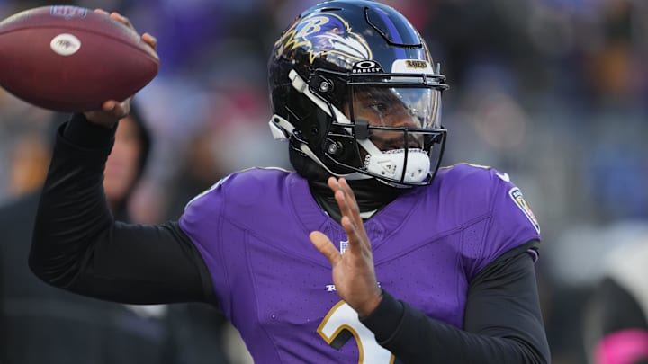 Jan 20, 2024; Baltimore, MD, USA; Baltimore Ravens quarterback Tyler Huntley (2) warms up before a 2024 AFC divisional round game against the Houston Texans at M&T Bank Stadium. Mandatory Credit: Mitch Stringer-Imagn Images