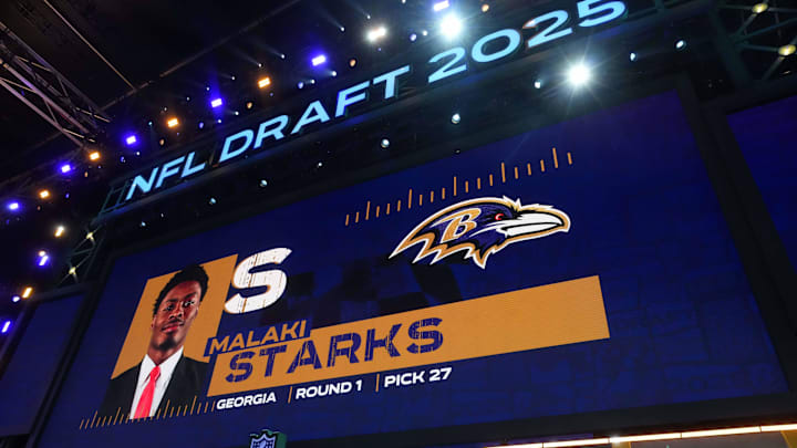 Georgia Bulldogs safety Malaki Starks is selected as the No. 27 pick by the Baltimore Ravens during the NFL Draft. Georgia Bulldogs safety Malaki Starks is selected as the No. 27 pick by the Baltimore Ravens during the NFL Draft.