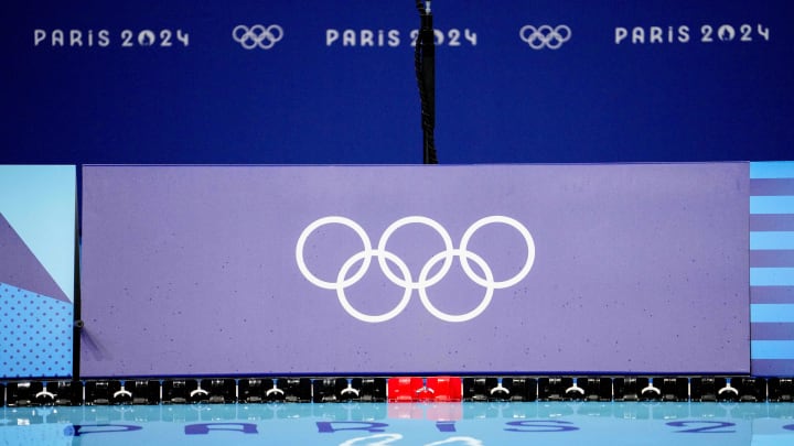 Jul 27, 2024; Nanterre, France; Olympic logos at the pool during the Paris 2024 Olympic Summer Games at Paris La Défense Arena. Mandatory Credit: Rob Schumacher-USA TODAY Sports