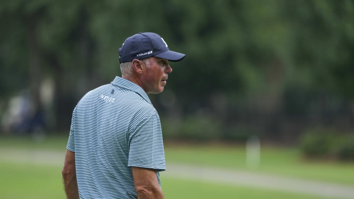 Aug 11, 2024; Greensboro, North Carolina, USA; Matt Kuchar during the fourth round of the Wyndham Championship golf tournament at Sedgefield Country Club. Mandatory Credit: Jim Dedmon-USA TODAY Sports