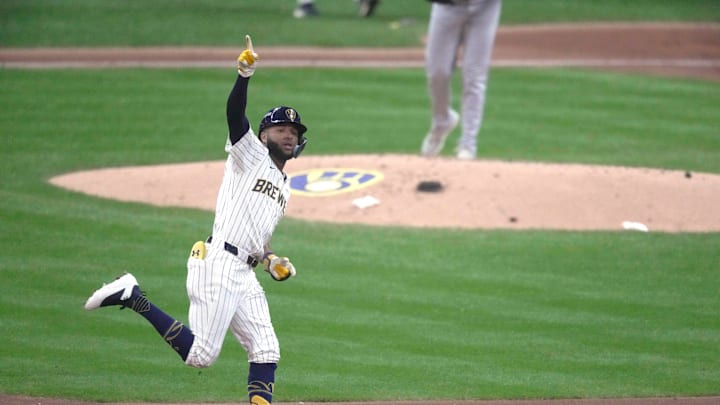 Milwaukee Brewers outfielder Jackson Chourio celebrates after hitting a solo home run during the first inning of Wednesday's 5-3 win over the New York Mets in the wild-card round of MLB Playoffs. 