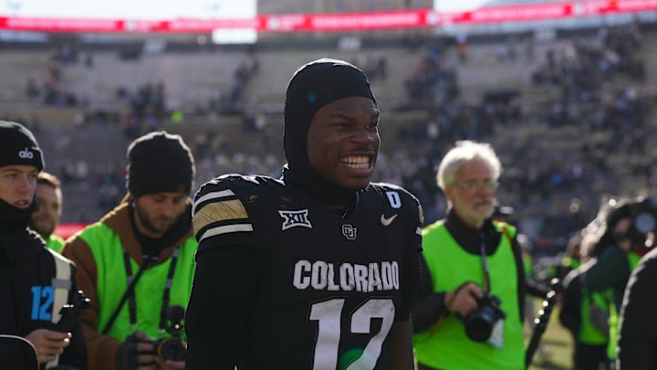 Colorado Buffaloes wide receiver Travis Hunter (12) reacts following the win against the Oklahoma State Cowboys at Folsom Field. Colorado Buffaloes wide receiver Travis Hunter (12) reacts following the win against the Oklahoma State Cowboys at Folsom Field.
