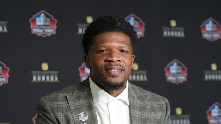 Feb 8, 2024; Las Vegas, NV, USA; Andre Johnson during the NFL Hall of Fame Class of 2024 press conference at Resorts World Theatre. Mandatory Credit: Kirby Lee-USA TODAY Sports