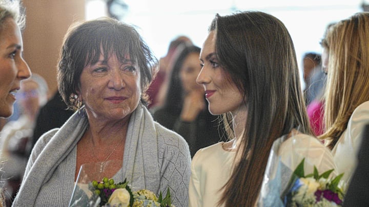 Millie Lombardi and Bill Belichick's girlfriend Jordon Hudson in attendance at the press conference at North Carolina Millie Lombardi and Bill Belichick's girlfriend Jordon Hudson in attendance at the press conference at North Carolina