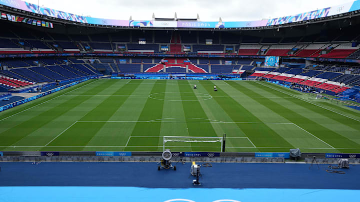 The Olympics logo at Parc des Princes, the home of Paris Saint-Germain and soccer venue for the 2024 Paris Olympics The Olympics logo at Parc des Princes, the home of Paris Saint-Germain and soccer venue for the 2024 Paris Olympics