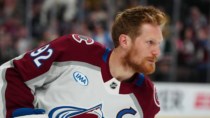 May 24, 2026; Las Vegas, Nevada, USA; Colorado Avalanche left wing Gabriel Landeskog (92) warms up before a game against the Vegas Golden Knights in game three of the Western Conference Final of the 2026 Stanley Cup Playoffs at T-Mobile Arena. Mandatory Credit: Stephen R. Sylvanie-Imagn Images