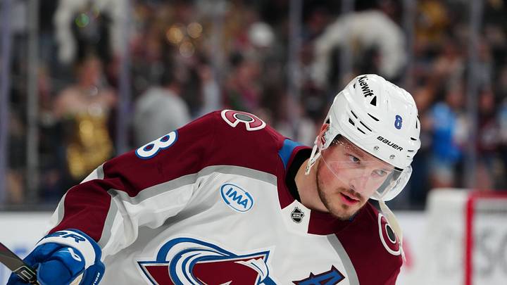 May 24, 2026; Las Vegas, Nevada, USA; Colorado Avalanche defenseman Cale Makar (8) warms up before a game against the Vegas Golden Knights in game three of the Western Conference Final of the 2026 Stanley Cup Playoffs at T-Mobile Arena. Mandatory Credit: Stephen R. Sylvanie-Imagn Images