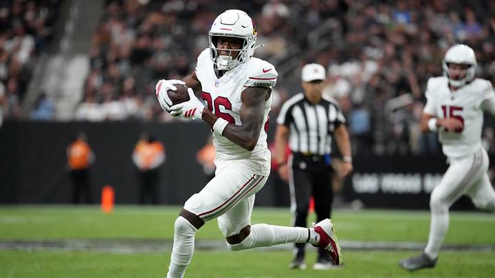 Aug 13, 2026; Paradise, Nevada, USA; Arizona Cardinals wide receiver Jalen Brooks (86) carries the ball against the Las Vegas Raiders in the first half at Allegiant Stadium. Mandatory Credit: Kirby Lee-Imagn Images