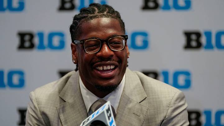 Jul 23, 2025; Las Vegas, NV, USA; Northwestern defensive lineman Anto Saka speaks to the media during the Big Ten NCAA college football media days at Mandalay Bay Resort. Mandatory Credit: Lucas Peltier-Imagn Images
