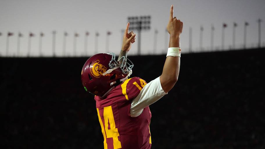 Southern California Trojans quarterback Jayden Maiava celebrates after a touchdown against the Fresno State Bulldogs.