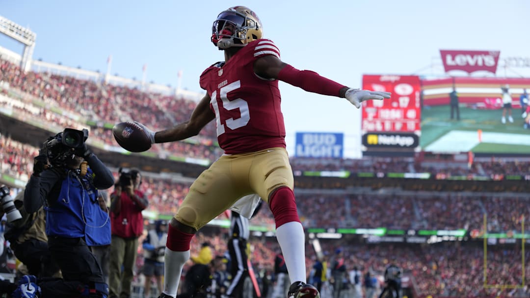 Dec 14, 2025; Santa Clara, California, USA;  San Francisco 49ers wide receiver Jauan Jennings (15) celebrates scoring a touchdown against Tennessee Titans during the third quarter at Levi's Stadium. Mandatory Credit: Kyle Terada-Imagn Images