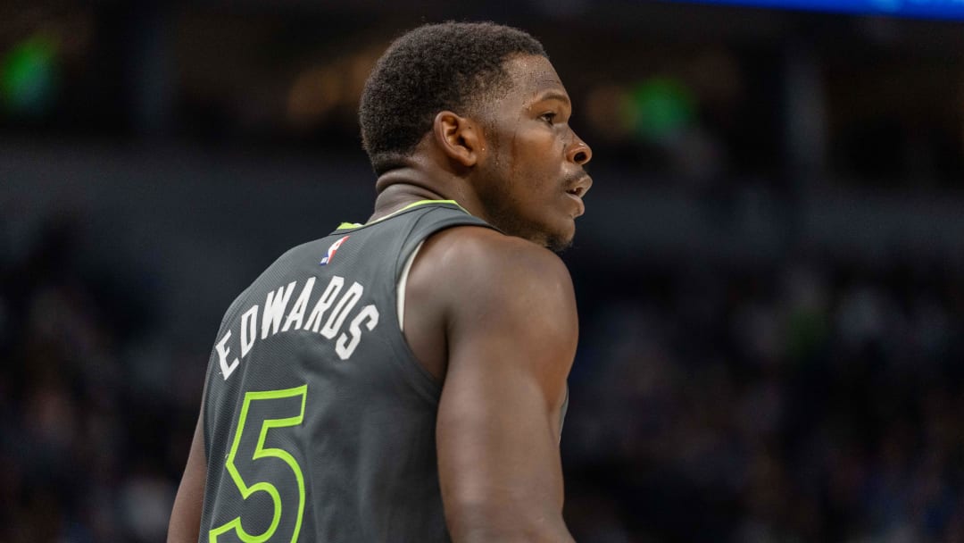 Apr 2, 2024; Minneapolis, Minnesota, USA; Minnesota Timberwolves guard Anthony Edwards (5) in action against the Houston Rockets in the first quarter at Target Center.