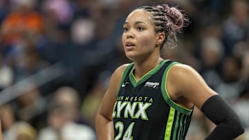 Sep 14, 2025; Minneapolis, Minnesota, USA; Minnesota Lynx forward Napheesa Collier (24) looks on against the Golden State Valkyries in the second half during game one of round one for the 2025 WNBA Playoffs at Target Center. Mandatory Credit: Jesse Johnson-Imagn Images