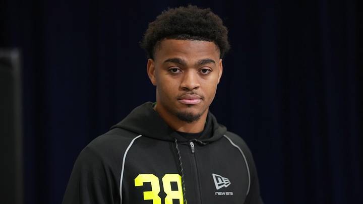 Feb 25, 2026; Indianapolis, IN, USA; Auburn defensive lineman Keldric Faulk (DL38) speaks during the NFL Scouting Combine at the Indiana Convention Center. Mandatory Credit: Kirby Lee-Imagn Images