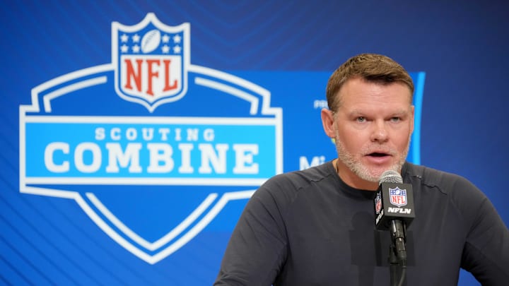 Feb 25, 2025; Indianapolis, IN, USA; Indianapolis Colts general manager Chris Ballard speaks during the NFL Scouting Combine at the Indiana Convention Center. Mandatory Credit: Kirby Lee-Imagn Images