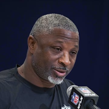 New York Jets coach Aaron Glenn speaks during the NFL Scouting Combine