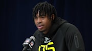 Feb 26, 2025; Indianapolis, IN, USA; Clemson linebacker Barrett Carter (LB06) during the 2025 NFL Scouting Combine at the Indiana Convention Center. 