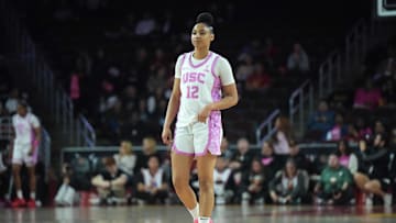 Feb 19, 2025; Los Angeles, California, USA; Southern California Trojans guard JuJu Watkins (12) reacts in the second half against the Michigan State Spartans at the Galen Center. Mandatory Credit: Kirby Lee-Imagn Images