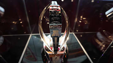 Feb 10, 2024; Las Vegas, NV, USA; The Lamar Hunt AFC Championship trophy at the NFL Experience at the Mandalay Bay South Convention Center. Mandatory Credit: Kirby Lee-Imagn Images