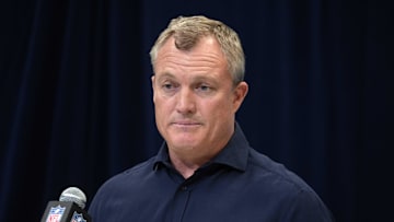 Feb 27, 2025; Indianapolis, IN, USA; San Francisco 49ers general manager John Lynch speaks during the 2025 NFL Scouting Combine at the Indiana Convention Center. Mandatory Credit: Kirby Lee-Imagn Images