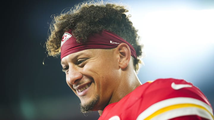 Oct 7, 2024; Kansas City, Missouri, USA; Kansas City Chiefs quarterback Patrick Mahomes (15) is interviewed after defeating the New Orleans Saints at GEHA Field at Arrowhead Stadium. Mandatory Credit: Jay Biggerstaff-Imagn Images