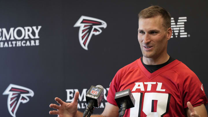 Jun 3, 2024; Atlanta, GA, USA; Atlanta Falcons quarterback Kirk Cousins (18) is interviewed after Falcons OTA at the Falcons Training facility. Mandatory Credit: Dale Zanine-USA TODAY Sports