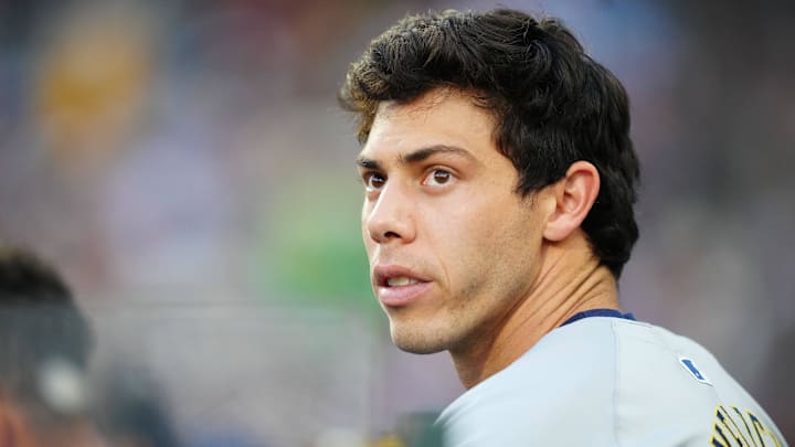 Milwaukee Brewers outfielder Christian Yelich on Jul 2, 2024. Milwaukee Brewers outfielder Christian Yelich on Jul 2, 2024.