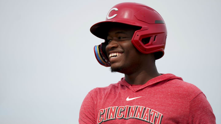 Feb 23, 2024; Goodyear, AZ, USA; Cincinnati Reds minor league player Cam Collier serves as a baserunner during rundown drills during spring training workouts at Goodyear Ballpark. Mandatory Credit: Kareem Elgazzar-USA TODAY Sports