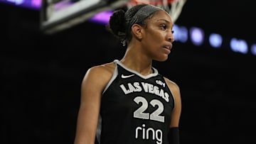 Aug 19, 2025; Las Vegas, Nevada, USA; Las Vegas Aces center A'ja Wilson (22) during the second half of a WNBA basketball game against the Atlanta Dream at Michelob Ultra Arena. Mandatory Credit: Lucas Peltier-Imagn Images