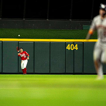 Cincinnati Reds center fielder TJ Friedl (29) catches a fly ball ending the top of the sixth inning of the MLB game at Great American Ball Park in Cincinnati on Wednesday, Sept. 4, 2024.