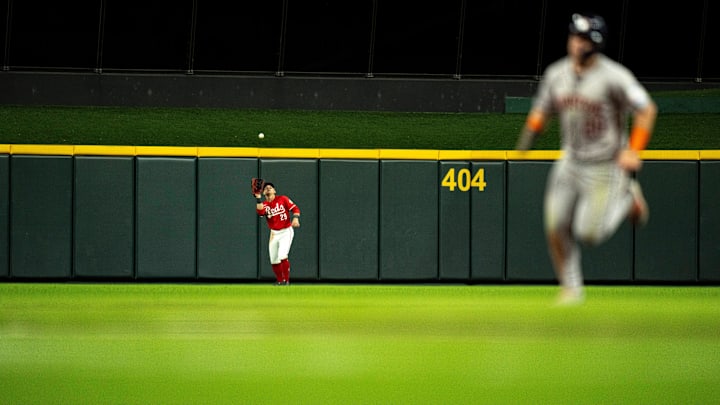 Cincinnati Reds center fielder TJ Friedl (29) catches a fly ball ending the top of the sixth inning of the MLB game at Great American Ball Park in Cincinnati on Wednesday, Sept. 4, 2024.