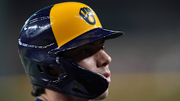 Apr 12, 2025; Phoenix, Arizona, USA; Milwaukee Brewers outfielder Christian Yelich (22) looks on against the Arizona Diamondbacks during the sixth inning at Chase Field. Mandatory Credit: Joe Camporeale-Imagn Images