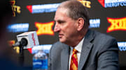 Iowa State athletic director Jamie Pollard looks on during the introduction of the Iowa State University’s 34th head football coach, Jimmy Rogers, on Dec. 8, 2025, at Iowa State University in Ames, IA.