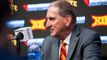 Iowa State athletic director Jamie Pollard looks on during the introduction of the Iowa State University’s 34th head football coach, Jimmy Rogers, on Dec. 8, 2025, at Iowa State University in Ames, IA.