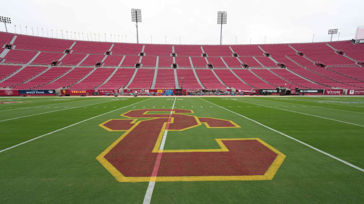 Sep 2, 2023; Los Angeles, California, USA; The Southern California Trojans logo at midfield at United Airlines Field at Los Angeles Memorial Coliseum. Mandatory Credit: Kirby Lee-USA TODAY Sports