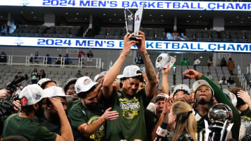 Mar 17, 2024; Fort Worth, TX, USA;  UAB Blazers forward Yaxel Lendeborg (3)reacts after receiving the AAC Trophy. 