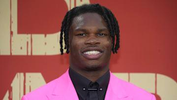 Apr 24, 2025; Green Bay, WI, USA; Colorado Buffaloes wide receiver Travis Hunter on the red carpet before the 2025 NFL Draft at Lambeau Field. Mandatory Credit: Kirby Lee-Imagn Images