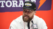 Feb 3, 2025; New Orleans, LA, USA;  Kansas City Chiefs tight end Travis Kelce (87) during Super Bowl LIX Opening Night at Ceasars Superdome. Mandatory Credit: Kirby Lee-Imagn Images
