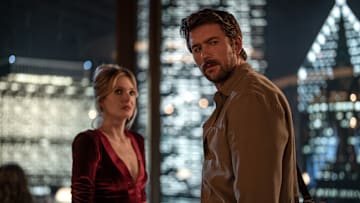 (from left) Violet (Meghann Fahy) and Henry (Brandon Sklenar) in Drop, directed by Christopher Landon