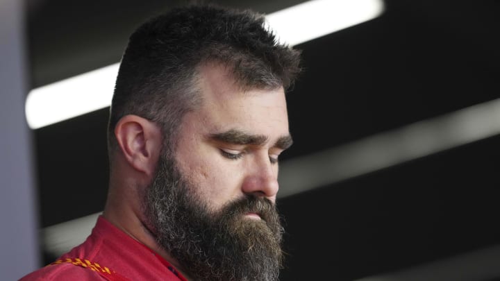 Jason Kelce brother of Kansas City Chiefs tight end Travis Kelce (87) watches play during the third quarter of Super Bowl LVIII between Kansas City Chiefs and San Francisco 49ers at Allegiant Stadium.